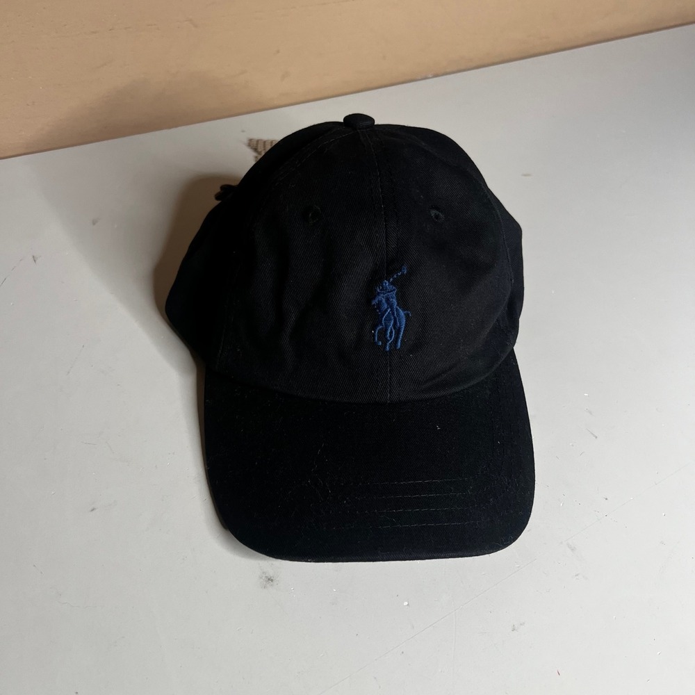 Polo Ralph Lauren Black Baseball Cap Blue Pony Logo Leather Strap Hat OSFM